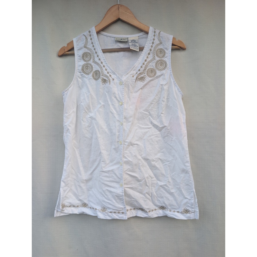 White Stag Embroidered Button Down Vest Womens Medium White Linen Blend Coastal